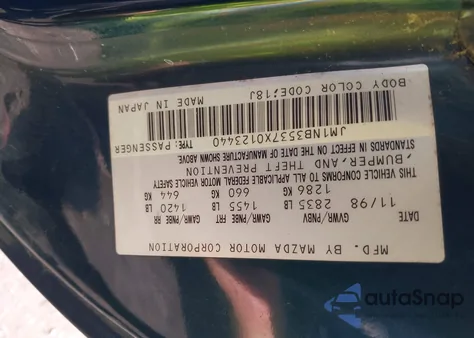 1999 Mazda Mx-5 Miata Leather Pkg/Popular Equipment Pkg/Sports Pkg/Touring/Touring Pkg from USA, damaged, VIN JM1NB3537X0123440